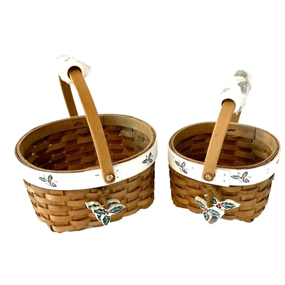 Wooden Woven Holiday Christmas Oval Baskets Porcelain Handle & Holly Leaves NEW